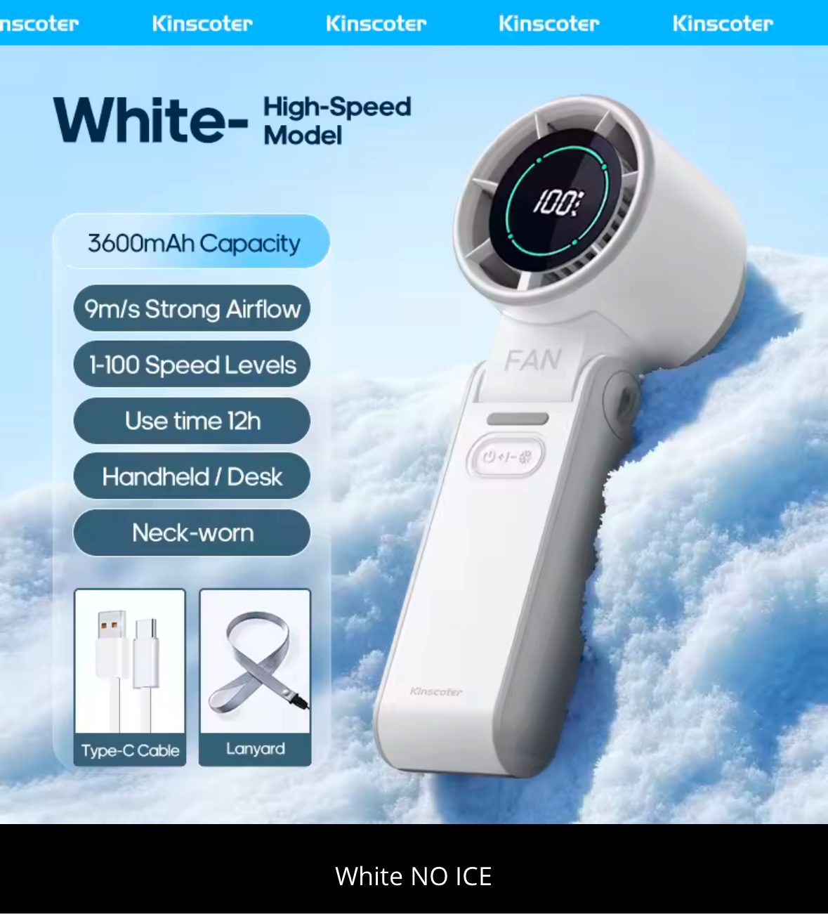 KINSCOTER faltbarer tragbarer Handventilator für den Außenbereich, Mini-Kühlung, wiederaufladbar, 3600 mAh, 100 Stufen, freie Steuerung, Hochgeschwindigkeits-Turboventilator