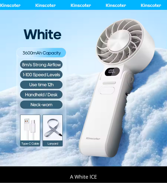 KINSCOTER faltbarer tragbarer Handventilator für den Außenbereich, Mini-Kühlung, wiederaufladbar, 3600 mAh, 100 Stufen, freie Steuerung, Hochgeschwindigkeits-Turboventilator