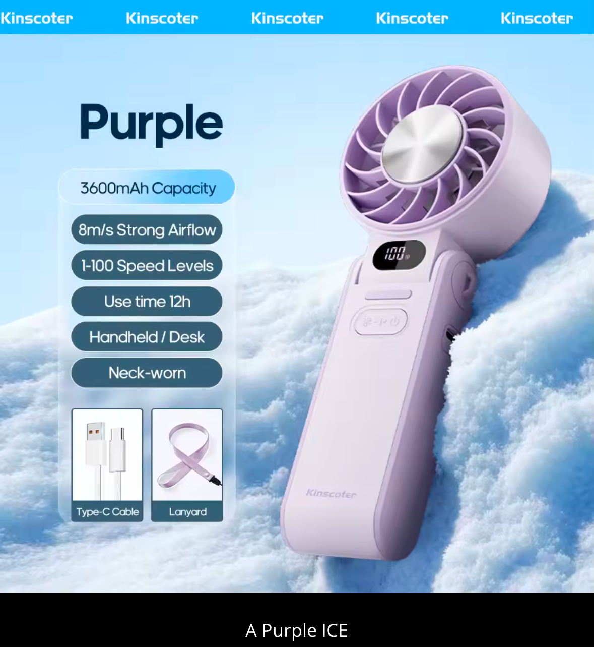 KINSCOTER faltbarer tragbarer Handventilator für den Außenbereich, Mini-Kühlung, wiederaufladbar, 3600 mAh, 100 Stufen, freie Steuerung, Hochgeschwindigkeits-Turboventilator