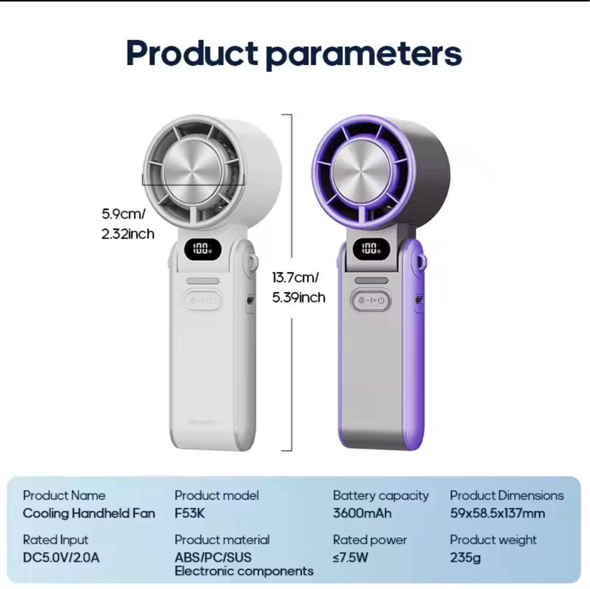 KINSCOTER faltbarer tragbarer Handventilator für den Außenbereich, Mini-Kühlung, wiederaufladbar, 3600 mAh, 100 Stufen, freie Steuerung, Hochgeschwindigkeits-Turboventilator