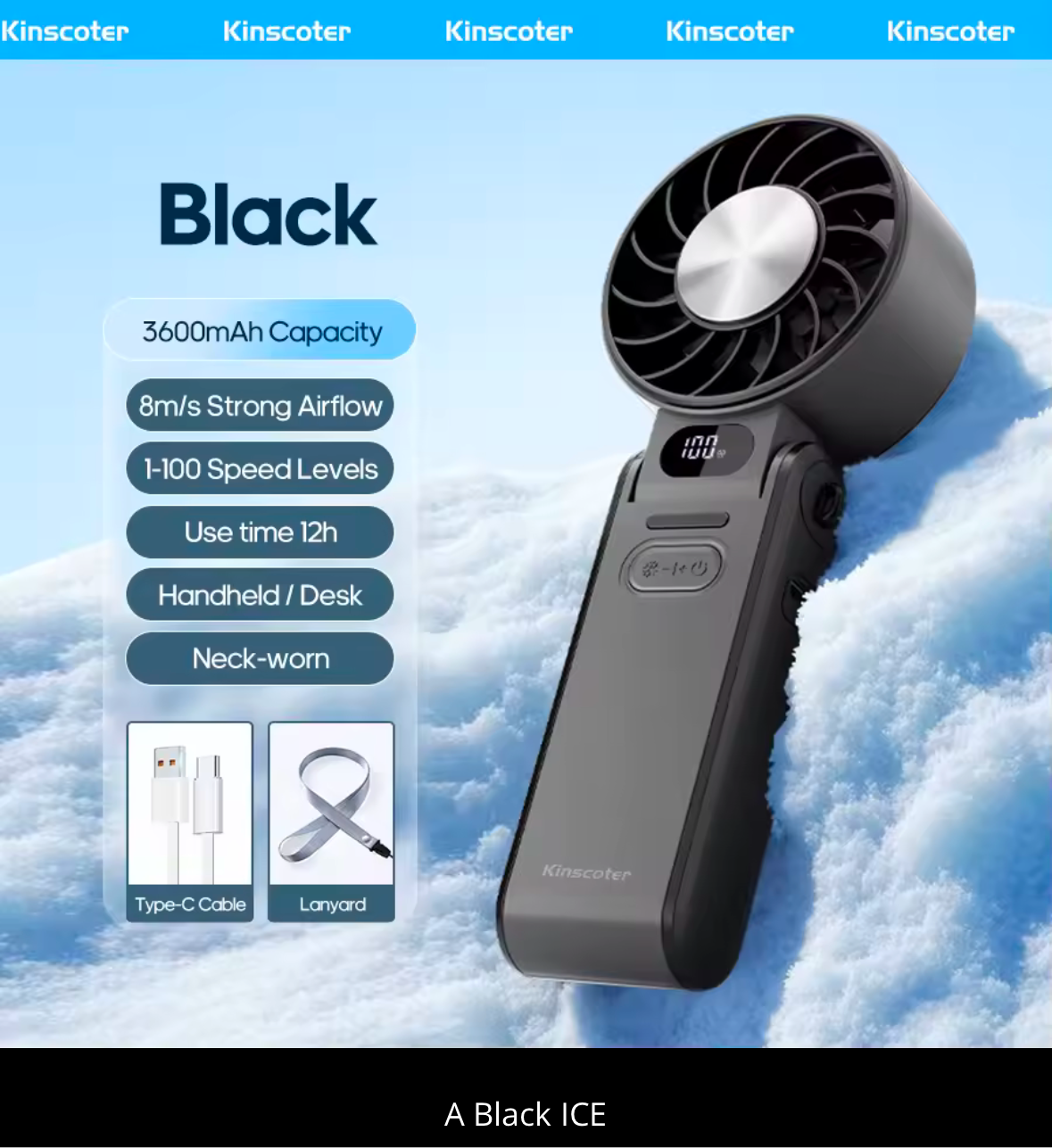 KINSCOTER faltbarer tragbarer Handventilator für den Außenbereich, Mini-Kühlung, wiederaufladbar, 3600 mAh, 100 Stufen, freie Steuerung, Hochgeschwindigkeits-Turboventilator