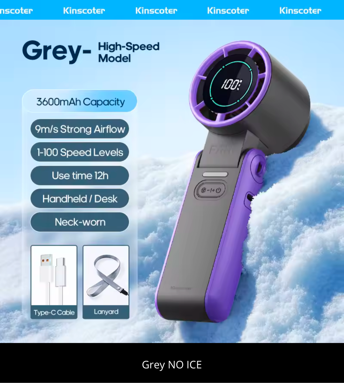 KINSCOTER faltbarer tragbarer Handventilator für den Außenbereich, Mini-Kühlung, wiederaufladbar, 3600 mAh, 100 Stufen, freie Steuerung, Hochgeschwindigkeits-Turboventilator